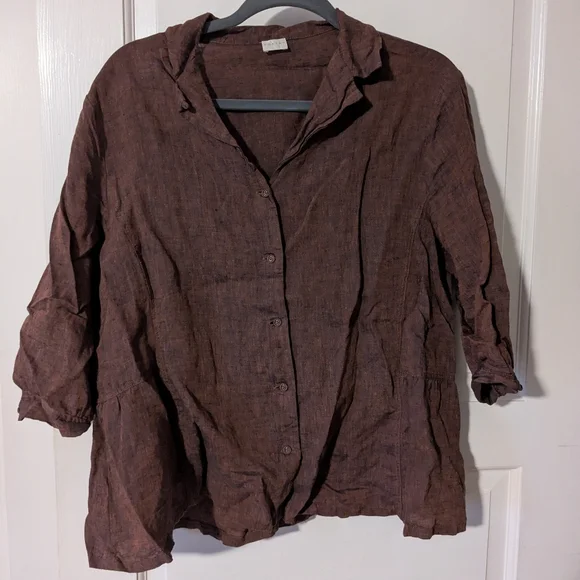 Poetry Brown Linen Peplum Button Down Top - Picture 1 of 10